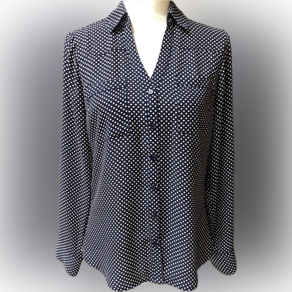 Express Portofino polka dot Navy longsleeve shirt size Small - Picture 2 of 4